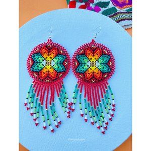 Huichol Earrings Huichol Art Mexican Earrings Hand Beaded Earrings, Flower Earri